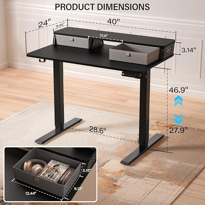 Electric Standing Desk with 2 Drawers 40''x 24'' Small Adjustable Height Sit to Stand Up Desk with Storage Shelf, C-Clamp Mount Compatible Black Home Office Desks Computer Desk Ergonomic Workstation