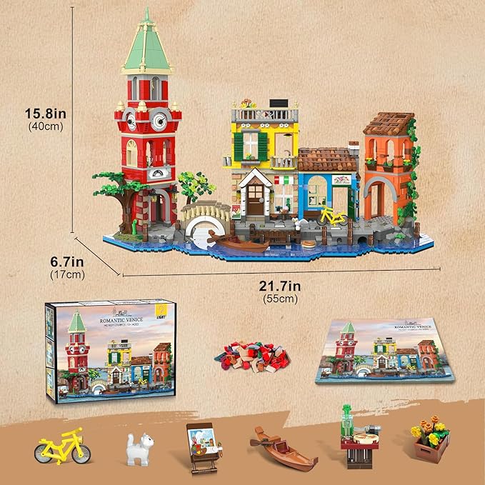 Venice Main Street Building Set for Adults, 2155 PCS City House Building Block Kit with Light Flower Shop Pizzeria, Christmas Home Decor Architecture Model Gift for Women Men Teen Girl 10+