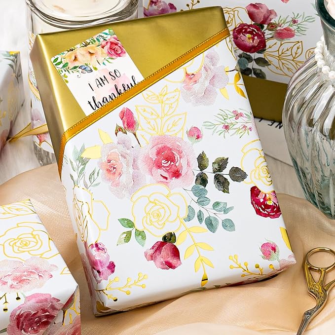 Merture Wrapping Paper Roll with Watercolor Roses - 17 In x 32.8 Ft (46.5 sqft) Foil Floral Gift Wrap with Matte Gold Reverse for Mother’s Day, Wedding, Birthday, Bridal Shower, Valentines Day