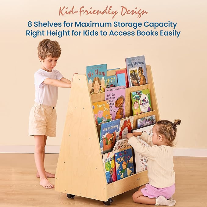 4-Tier Kids Bookshelf, Double-Sided Book Shelf for Kids Rooms, Toddler Book Rack Organizer with Wheels, Wooden Montessori Bookshelf & Book Storage Display for Classroom, Preschool, Nursery