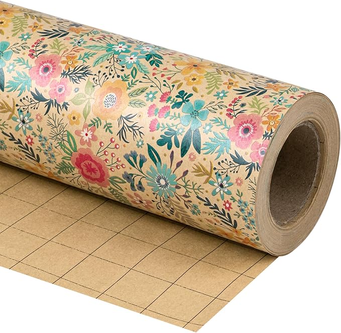 WRAPAHOLIC 30 Inch Kraft Floral Wrapping Paper Roll - 30 Inch x 33 Feet - Spring Summer Garden Flower Design Perfect for Wedding, Bridal Shower, Birthday
