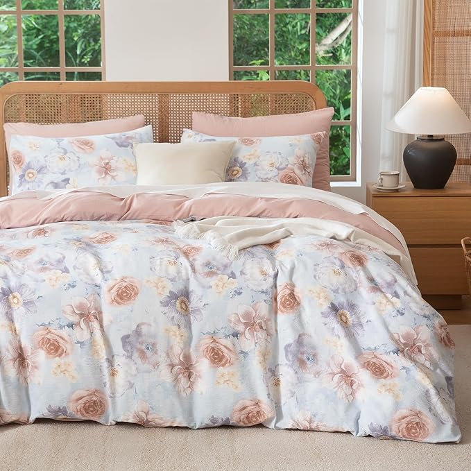 Queen Size Comforter Floral 3 Pieces Soft Chic Crinkle Gauze Fabric Peony Floral Print Lightweight Botanical Flower Comforter for All Seasons Luxury Warmth Comfy Breathable with 2 Pillowcases