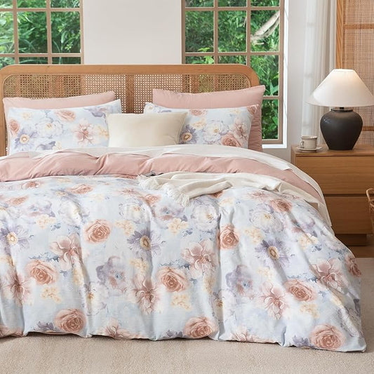 Queen Size Comforter Floral 3 Pieces Soft Chic Crinkle Gauze Fabric Peony Floral Print Lightweight Botanical Flower Comforter for All Seasons Luxury Warmth Comfy Breathable with 2 Pillowcases