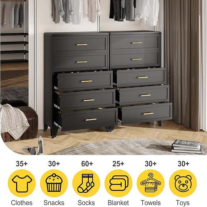 5 Drawers Tall Black Dresser for Bedroom, 52.16" Metal Dressers & Chests of Drawers Curved Corner Design, Storage Organizer Drawer Chest with Large Capacity for Living Room, Hallway, Entryway
