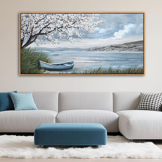 KLAKLA Large Canvas Art Plum Blossom Lake White Wall Decor Living Room Bedroom Picture Over Bed Framed Artwork for Wall Modern Canvas Paintings Office 58x29 Inches