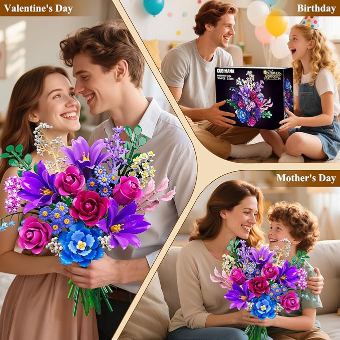 Flowers Bouquet Building Set with LED Light, 21 Flower Botanical Collection Building Block Toy, Rose Lily Home Plant Decor 1054PCS for Her Adults Women Kids Girls 12+ (Purple)