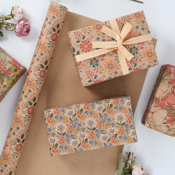 Aimyoo Kraft Floral Wrapping Paper Roll - 3 Rolls- 30 Inch x 10 Feet Per Roll - All Occasion Vintage Flower Gift Wrap Paper for Mother's Day Wedding Birthday Bridal Shower