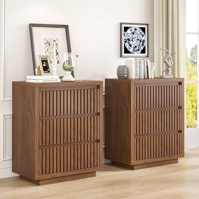 Fluted 3 Drawer Dresser, Mid Century Small Dresser for Bedroom, Wood Chest of Drawers, Modern Closet Clothes Organizer, Walnut Wooden Storage for Living Room, Brown