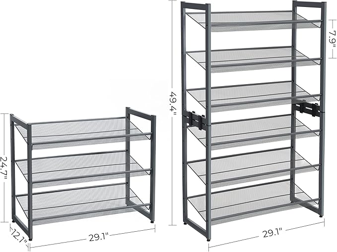 SONGMICS Shoe Rack, 3-Tier Shoe Organizer, Metal Shoe Storage for Garage, Stackable Shoe Shelf, with Adjustable Flat or Angled Shelves, 9-12 Pairs, Charcoal Gray ULMR03GB