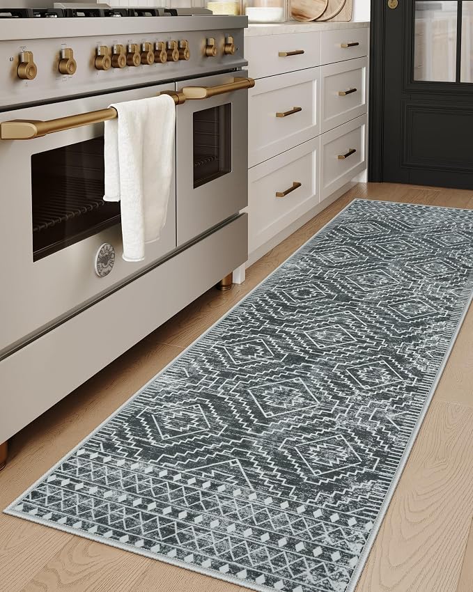 Wonnitar Washable Kitchen Runner Rug 2x6, Moroccan Grey Runners for Hallway, Non Slip Bohemian Soft Bathroom Throw Mat Geometric Carpet Runner for Laundry Entryway Bedroom (Dark Grey,2'x6')