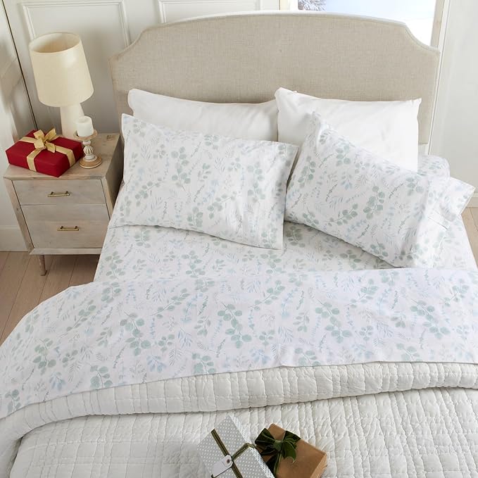Market & Place 100% Cotton Queen Flannel Sheet Set | 4 Piece Deep Pocket Cozy Winter Floral Bed Sheets | Double Brushed for Extra Softness & Comfort | Alpine Collection (Queen, Eucalyptus Leaves)