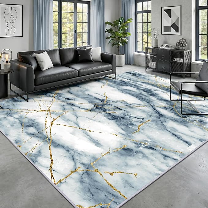 Merelax 6x9 Area Rugs for Living Room - Washable Non-Slip Abstract Blue Rug, Indoor Floor Carpet Low Pile Soft Rug for Bedroom Dining Room, Mudroom, Modern Aesthetic Decor, Blue/Gold