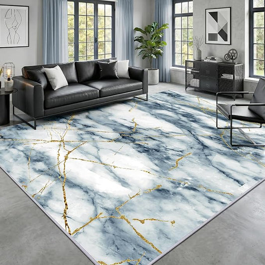Merelax 6x9 Area Rugs for Living Room - Washable Non-Slip Abstract Blue Rug, Indoor Floor Carpet Low Pile Soft Rug for Bedroom Dining Room, Mudroom, Modern Aesthetic Decor, Blue/Gold