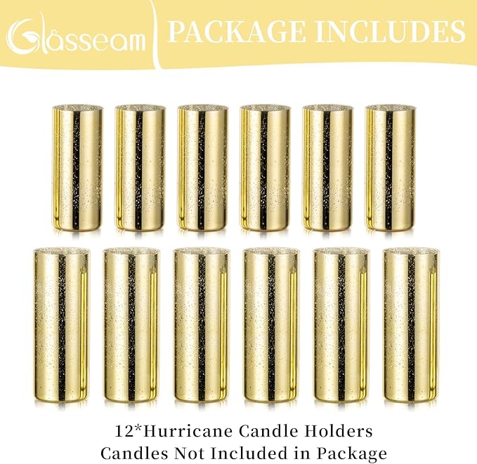 Glasseam Gold Cylinder Vases for Centerpieces: 12 Modern Mercury Hurricane Glass Vase Set for Flowers - Decorative Golden Pillar Candle Holders for Wedding Party Dining Room Table Decor