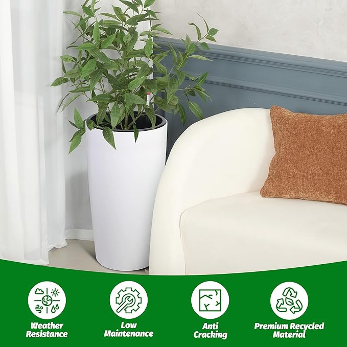 GarveeLife 30 in Tall Planters for Outdoor Plants Set of 2, Large Outdoor Planters for Front Porch Decor with Drainage Holes＆Water Level Monitor ＆Inner Bucket, Automatic Watering, White