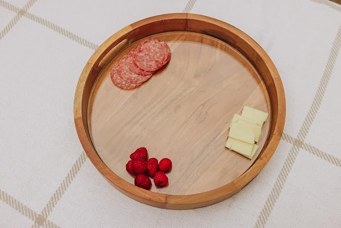 PICNIC TIME Barista Serving Tray with Glass Insert, Round Acacia Wood Cheese Board, Serving Platter with Handles, (Acacia Wood)
