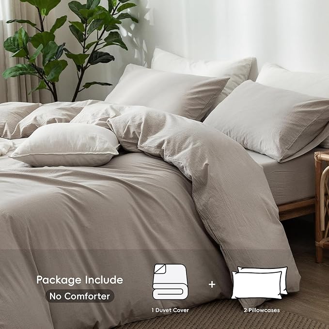 MooMee Bedding Duvet Cover Set 100% Washed Cotton Linen Like Textured Breathable Durable Soft Comfy (Heathered Cream Grey, Queen 90"x90")