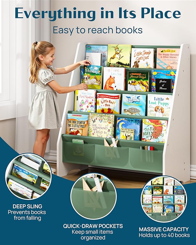 SEIRIONE Sturdy Kids Bookshelf,4-Tier Book Shelf for Kids Room with Tear-Proof Oxford Fabric-Nursery Room Playroom Classroom,Deep Slings to Keep Books Upright,Ideal Height for Toddler Age 3+, Green