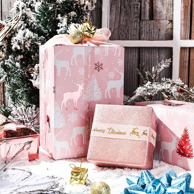 LeZakaa Rose Gold Christmas Wrapping Paper Mini Roll, Glitter Foil Matte and Reindeer Snowflake Design Holiday Gift Wrap, Arts Craft, for Xmas Winter Party, 17 x 120 inches, 3 Rolls