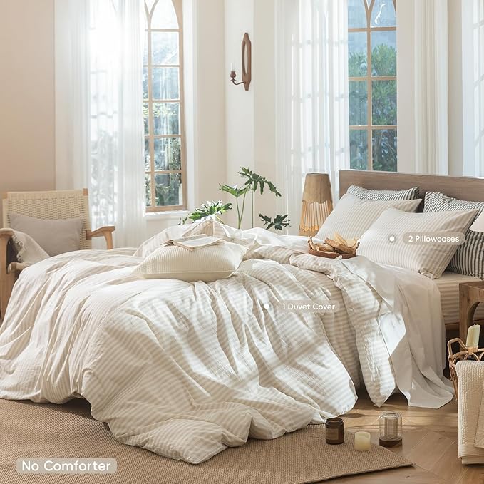 MooMee Striped Duvet Cover Set 100% Washed Cotton Linen Like Textured Breathable Durable Soft Comfy (Almond Milk Grey Classic Stripes, Super King Plus 120"x120")