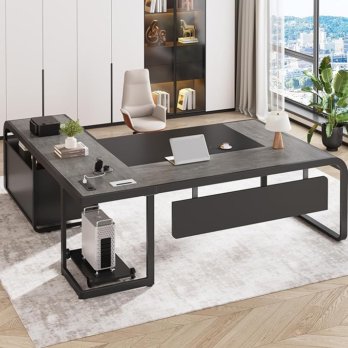 SEDETA 63 Inch Executive Desk, Large Office Desk with File Drawer, L Shaped Desk with Drawers, Computer Desk with Mobile CPU Stand, Storage Shelves, Power Outlets for Home Office, Gray