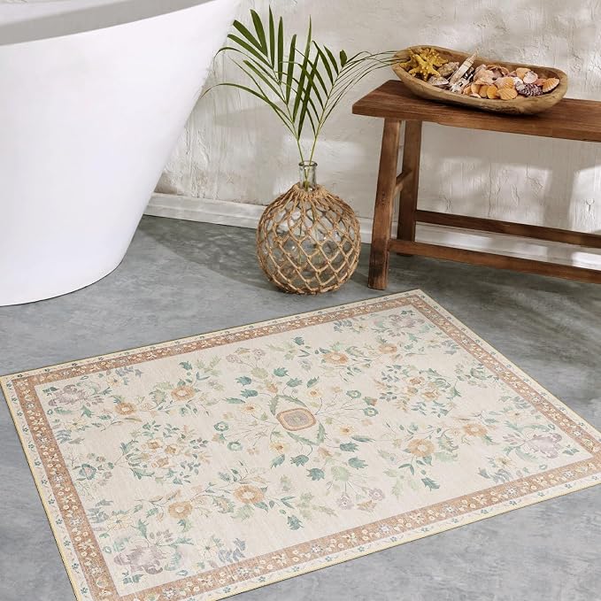 MUJOO Boho Small Rug Washable,2x3 Area Rugs for Entryway,Floral Front Door Mat Indoor Entrance Entry Way,Boho Kitchen Bathroom Floor Rug Throw Carpet Non Slip Low Pile Vintage Beige
