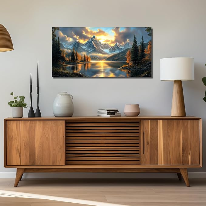 JuhaiArt Lake Picture Art Mountain Landscape Nature Wall Decorations Scenery Canvas Wall Art for Bedroom Office Gold Sunset Poster Artwork 20"x 40"