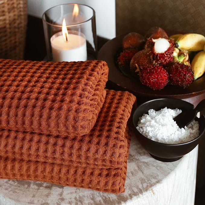 sea me at home Waffle Hand Towel – 100% Turkish Cotton, Quick-Dry, Soft and Absorbent Bathroom Towel (Terra)