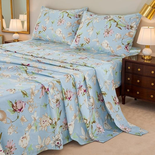 Brandream Floral Bedding Botanical Flower Farmhouse King Size Sheets Set Luxury Bedding Collections 800 Thread Count 100% Egyptian Cotton Deep Pocket, 4 Piece Blue
