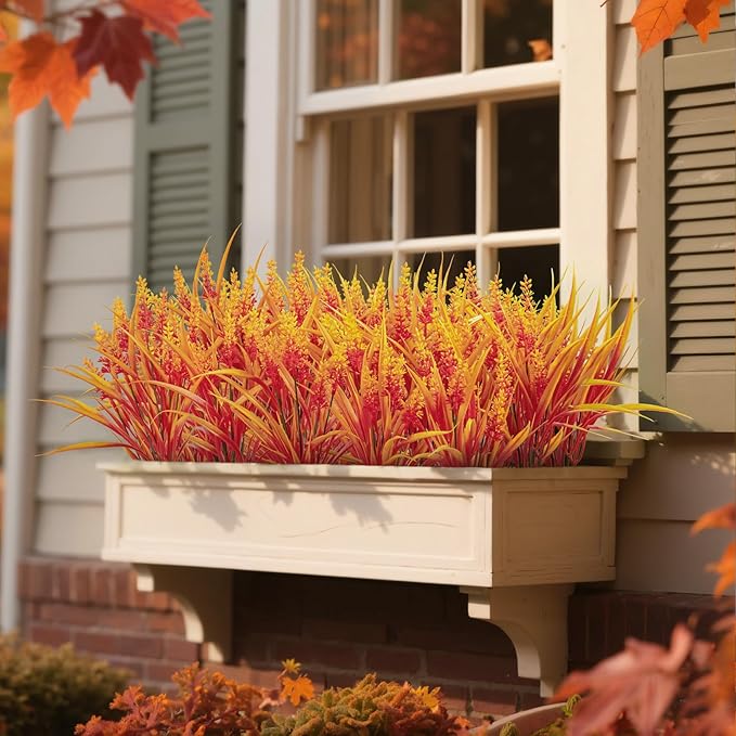 Ouddy Decor 24 Bundles Artificial Fall Flowers for Decorations, Fake Mums Faux Lavender Monkey Grass Plastic Plants UV Resistant for Garden Porch Farmhouse Autumn Harvest Thanksgiving Decor, Orange