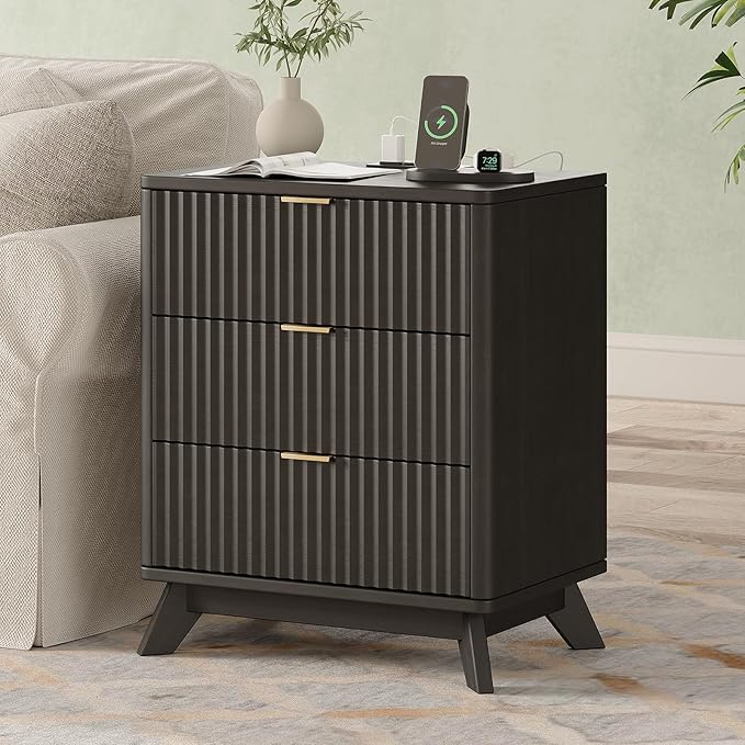 30" Tall Fluted NightStand,3 Drawers End Table with Charging Station,Modern Side Table with Storage, Night Stand Wood Bedside Tables for Bedroom,Curved Profile Design,Black