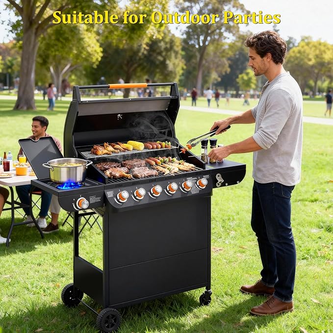 Unovivy Large 6-Burner Propane Gas Grill with Side Burner & Porcelain-Enameled Cast Iron Grates, BBQ Grills with Built-in Thermometer, 72,000 BTU Barbecue Grill, Oil Tray, Outdoor Patio Garden