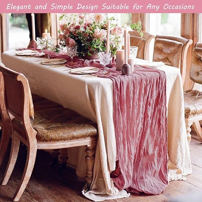 12 Pack 10Ft Cheesecloth Table Runner 35x120 Inch Boho Gauze Table Runner Rustic Cheese Cloth Long Romantic Table Runners for Wedding Bridal Shower Birthday Party Table Decor (Dusty Rose)