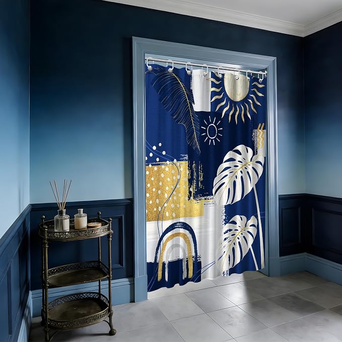 Small Stall Narrow Shower Curtain Blue and White Stand Up Abstract Navy Blue and Gold Boho Shower Curtains for Rv Camper Bathroom Decor Sets, Waterproof Cloth Fabric with Hooks, 48 x 72 Inch