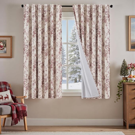 jinchan Blackout Floral Curtains Linen Blend Curtain for Living Room 63 Inch Length Christmas Brick Red Flower Printed Drapes for Bedroom Rod Pocket Back Tab Farmhouse Curtains Set 2 Panels