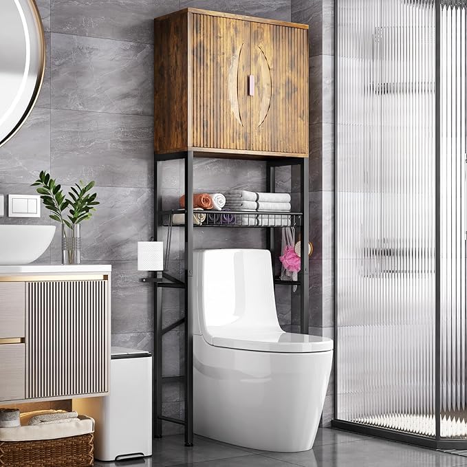 Kalrin Over The Toilet Storage Cabinet with Fluted Wave Doors and Adjustable Shelf, Wood Over Toilet Storage Rack with Drain Basket, Freestanding Bathroom Organizer for Balcony Laundry, Vintage Brown