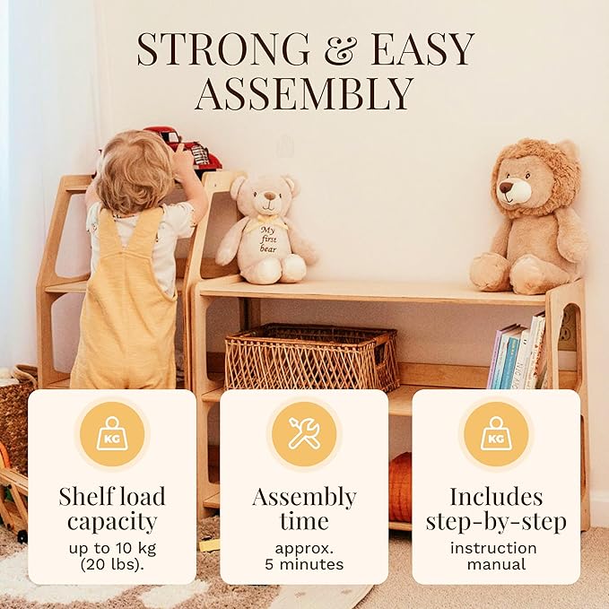 WOOD&ROOM Montessori Bookshelf for Toddlers - Wooden Book and Toy Shelf Organizer - Kids Bookshelf for Nursery, Classroom and Playroom - Front Facing Floor Bookcase for Kids, Childrens Room Storage