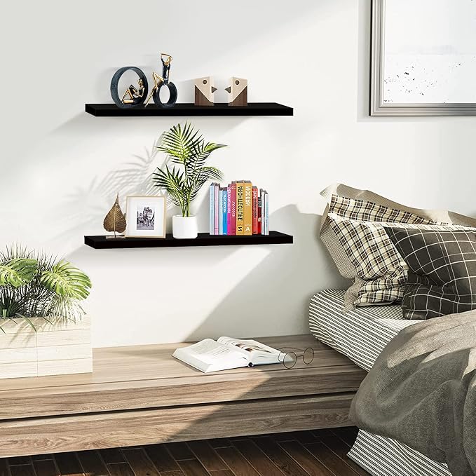 SAUMONIERES 24 Inch Floating Wall Shelves for Bedroom Bathroom Wall Mounted Solid Wood Shelf Storage Decor Set of 2, Black Floating Shelves