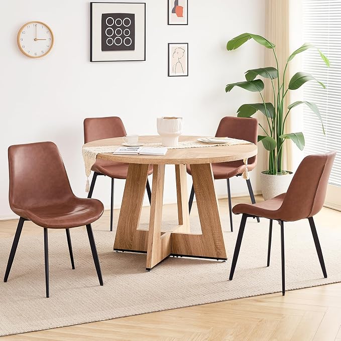 47 inch Round Dining Table Set for 4 with Chairs Kitchen Table and Chairs Set Mid-Century Modern Round Wood Kitchen Tables with Upholstered Synthetic Leather Chairs Set of 4