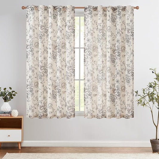 jinchan Linen Blend Curtain Floral Curtains for Living Room 63 Inch Length Black Printed Curtain Rod Pocket Back Tab Farmhouse Peony Flower Patterned Drapes Bedroom Window Curtains Set 2 Panels