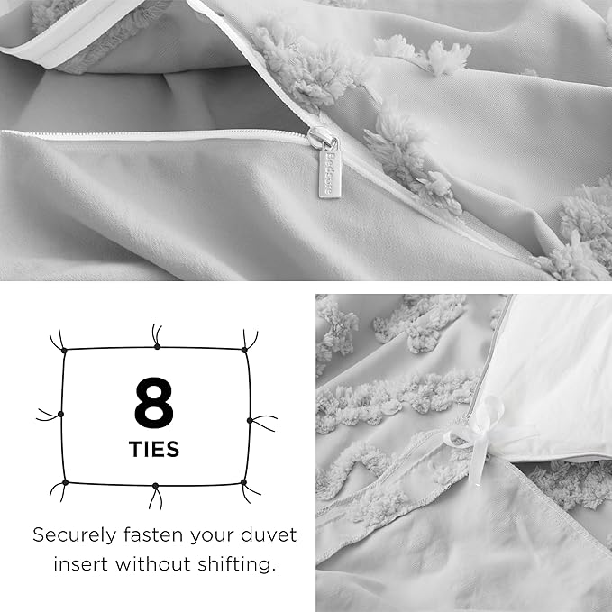 Bedsure Boho Duvet Cover Queen Size, Soft & Comfortable Elegant Design Boho Bedding for Decoration, Machine Washable Comforter Cover for All Seasons,Includes 1 Duvet Cover & 2 Pillow Shams,Light Grey