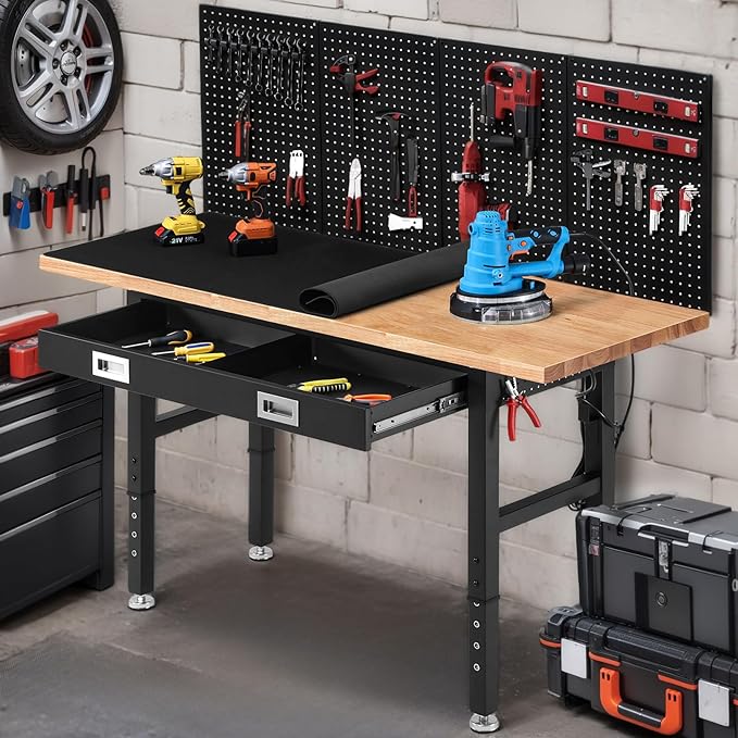 Work Bench with Drawers Adjustable Workbenches for Garage 60 Inch Rubber Wood Top Garage Workbench with Pegboard,Power Outlets for Woodworking, Home, Office, Workshop