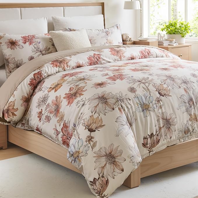 100% Cotton Duvet Cover King Size – Cream Hand-Drawn Watercolor Blooms Duvet Cover Set with Zipper Closure & Corner Ties, 3-Piece Luxury & Silky Soft Bedding Set for All Seasons