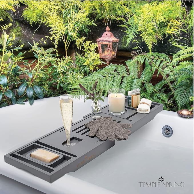 Temple Spring Bamboo Bathtub Tray Caddy for Tub — Expandable Wood Bath Tray with Solid Book Stand Wine Holder and Non-Slip Pads — Includes Bamboo Soap Dish and Spa Accessories — Luxury Bath Gift Set