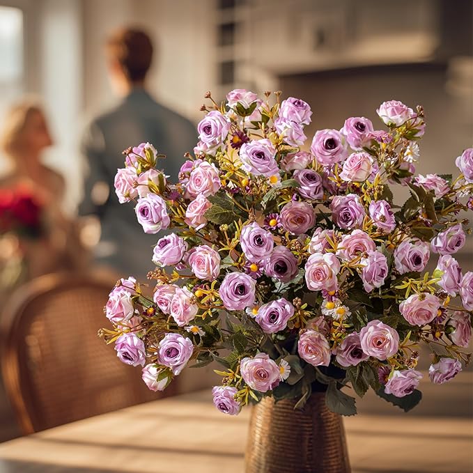 Artificial Rose Flowers for Outdoor 4 Bundles Rose Bouquet with Daisy Faux Flowers UV Resistant for Home Indoor Outside Garden Porch Window Box Balcony Yard Porch Fall Decor (Purple)