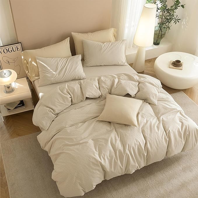 JIYUAN 100% Washed Cotton Striped Duvet Cover Set 3 Pieces Queen, 1 Duvet Cover and 2 Pillowcases(Comforter Not Included),Linen Like Bedding Set Comfy and Breathable,Pinstripes-Heathered Beige White