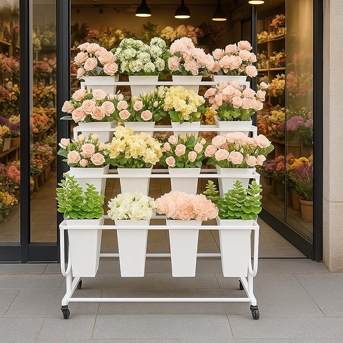 Flower Display Stand Frame, 4 -Tier Flower Cart with Wheels, Metal Floral Display Rack, Moving Florist Bouquet Shelf for Shop,Flower Bar, Events (White - 4 Tier)