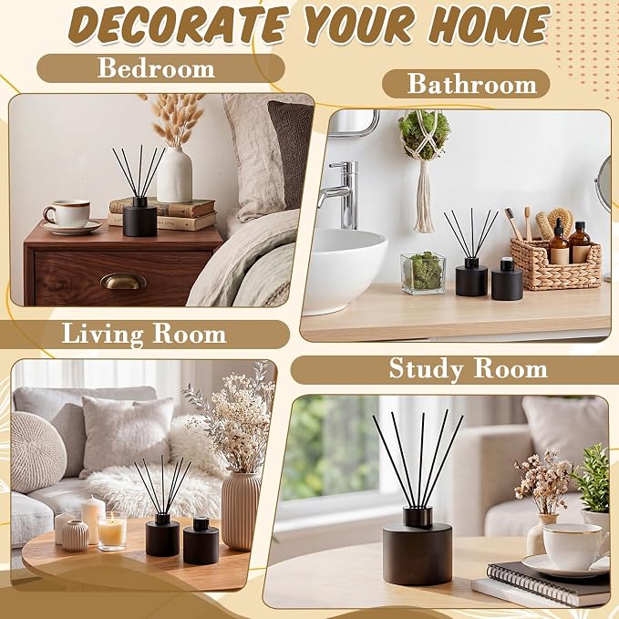Chunful 10 Sets Black Reed Diffuser Bottle Empty Refillable Fragrance Glass Diffuser Bottles 100ml Round Glass Jars with Black Caps & Rattan Sticks for Living Room Home Replacement Fragrance DIY