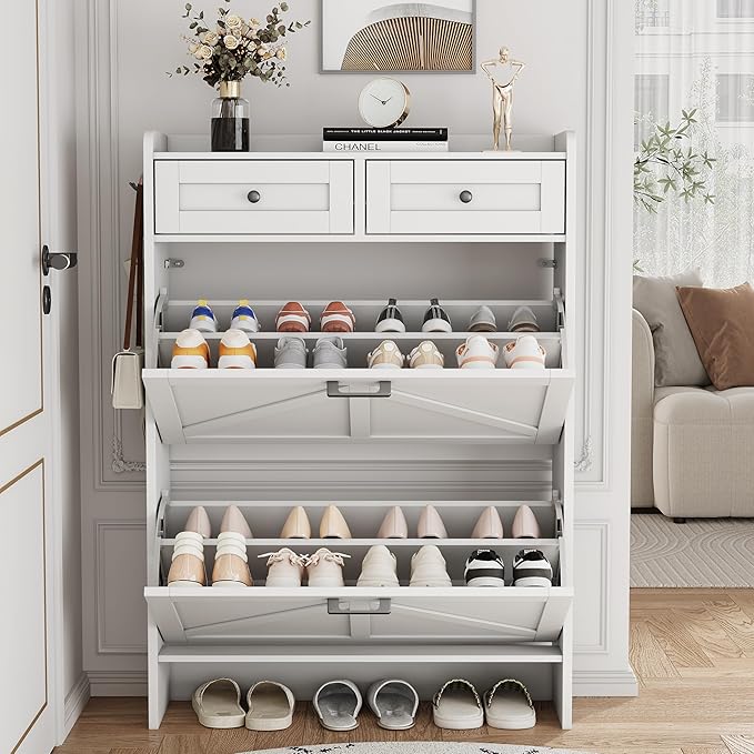 Shoe Cabinet with 2 Flip Drawers & 2 Top Drawers, 43" Tall Freestanding Narrow Wooden Shoe Storage Organizer for Entryway, Hidden Slim Shoe Rack for Front Door Entrance, Hallway, Living Room, White