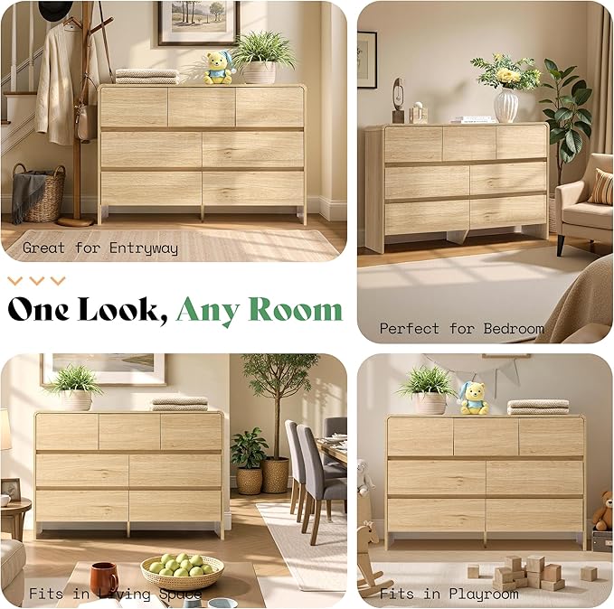 AMERLIFE 7 Drawer Dresser for Bedroom, 49" Wide Modern Chest of Storage Drawers with Rounded Corners, Anti-Tip Kit, Wood Cabinet Organizer for Closet, Apartment, Nursery, Easy Assembly, Light Oak